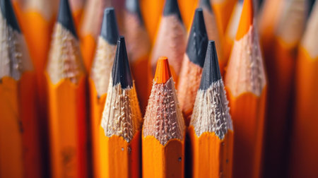 Close up of sharpened pencils in a row. Selective focus.の素材