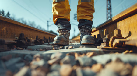 Man in work boots standing on railroad tracksの素材