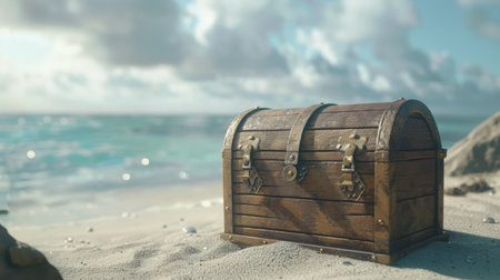 Treasure chest on sandy beach with sea and sky background. 3d renderingの素材