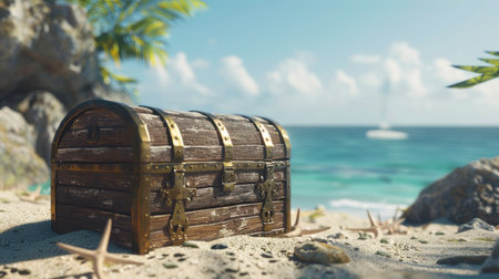 Treasure chest on the beach. 3d illustration. Vintage style.の素材