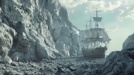 Ancient sailing ship in the sea. 3d rendering toned imageの素材