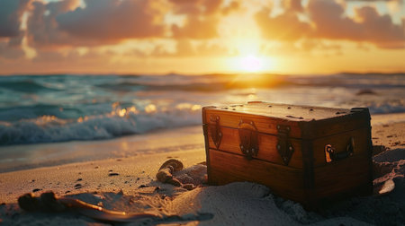Treasure chest on the beach at sunset. Travel and vacation conceptの素材