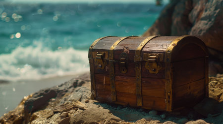 Treasure chest on the beach with sea in the background. Selective focus.の素材