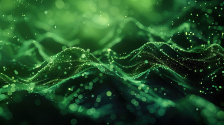 3d rendering of abstract green particles wave flow with depth of field and bokeh lights on dark backgroundの素材