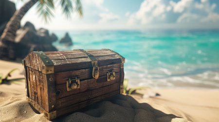 Vintage wooden chest on the beach. Travel and vacation concept.の素材