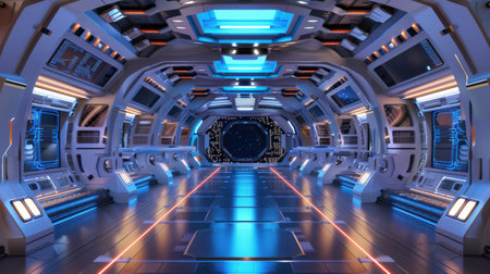 3D rendering of Inside the spaceship with blue and orange lights.の素材