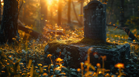 Old gravestone in the autumn forest at sunset. Halloween concept.の素材