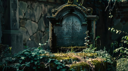 Old stone tombstone in a cemetery in the village of Riga, Latvia.の素材