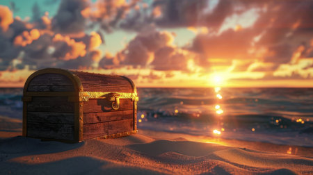 Wooden chest on the beach at sunset. 3d illustration.の素材