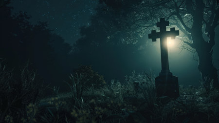 Cross in the forest at night. Halloween concept. 3D Renderingの素材