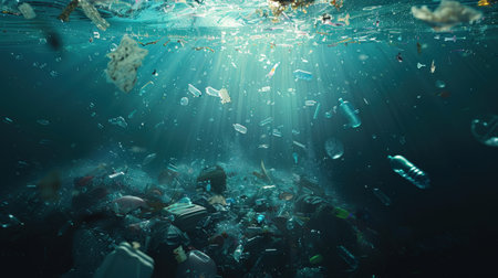 Underwater view of rubbish floating in the ocean. 3D renderingの素材