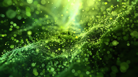 3D illustration of abstract green particles with depth of field and bokeh effectの素材