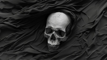 Human skull covered with black cloth, death concept, 3d illustrationの素材