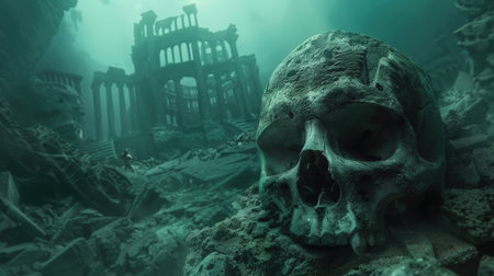 Skull in the ruins of an old building. 3d renderingの素材