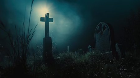 Grave in the cemetery at night with mist. Halloween concept.の素材
