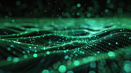 3d rendering of abstract green particles form curved lines and surfaces with depth of fieldの素材