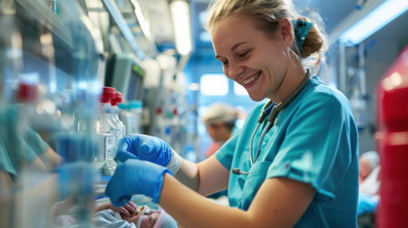 Cheerful woman scientist wearing blue gloves working in a labの素材