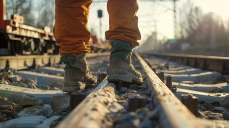 Man walking alone on railroad tracksの素材