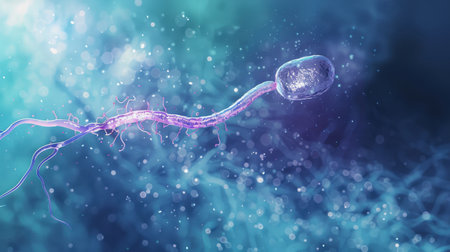 The movement of sperm cells, essential for successful fertilization, is a complex process involving various factors and mechanisms. The sperm's tail, a long, whip-like structure called the flagellum, is responsible for generating the propulsive force. The central core of the flagellum, the axoneme, consists of a 9+2 arrangement of microtubules that provide the structural framework for movement. Attached to the microtubules are dynein arms, molecular motors that generate sliding forces between the microtubules, causing the flagellum to bend and create wave-like motions. Mitochondria, the powerhouses of the cell located in the midpiece of the sperm, provide the energy (ATP) required for flagellar movement. Capacitation, a series of biochemical changes that occur in the female reproductive tract, enhances sperm motility and enables them to fertilize the egg. Hyperactivation, a specific type of sperm movement characterized by vigorous, whip-like flagellar beats, facilitates penetration of the egg's protective layers. Chemotaxis, the ability of sperm to sense and navigate towards chemical signals released by the egg, guides them towards the site of fertilization. Additionally, thermotaxis, the ability of sperm to sense and move towards warmer temperatures, may help them locate the egg in the female reproductive tract. eggs cell waiting 64 k --ar 16:9 Job ID: fa24ad6c-54fa-40c8-bb75-7891cdeb1ca8の素材