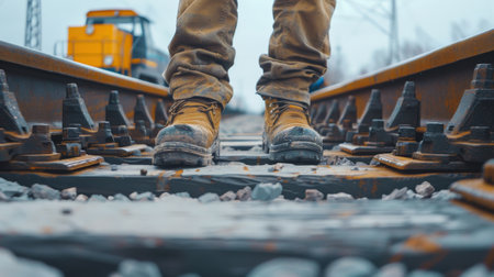 Close-up image of a man's feet in work boots standing on a railroad tie.の素材