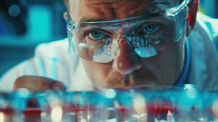 Scientist wearing protective eyewear examines a row of test tubes containing blue and red liquids.の素材