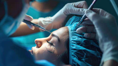 Surgeon performing a surgery on a patient's faceの素材