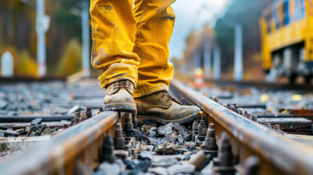 Close-up of a person's feet in work boots walking on a railroad tie between railroad tracks.の素材