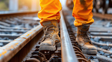 Close-up of a man's feet in work boots walking on a railroad tie.の素材