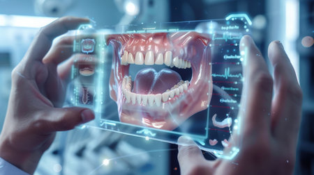 The photo shows a person holding a 3D model of teeth. The model is blue and semi-transparent.の素材