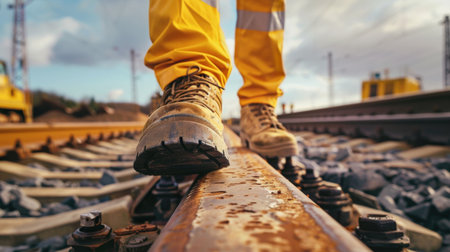 Railroad worker walking on the railroad tracksの素材