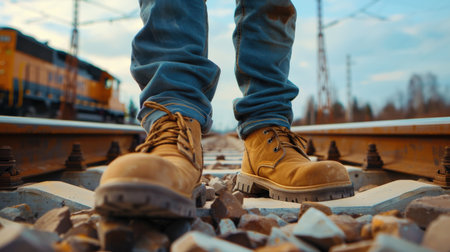 Man in work boots standing on railroad tracksの素材