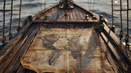 World map on the deck of a sailing ship, close-upの素材