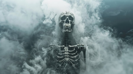 Scary skeleton in smoke. Halloween concept. 3D Renderingの素材