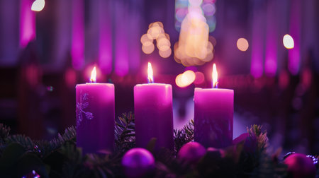 Candles burning in a church with christmas decoration and blurred backgroundの素材