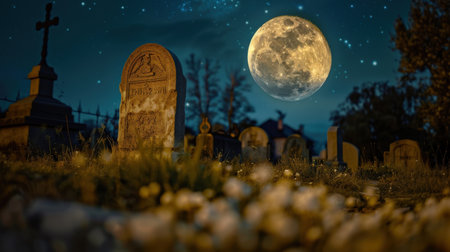 Halloween background with cemetery and full moon. 3D Renderingの素材