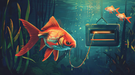 Vintage retro TV and fish in the aquarium. 3d renderingの素材