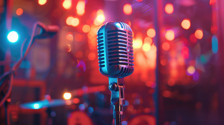 Retro microphone on stage with colorful bokeh lights background.の素材