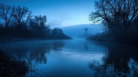Foggy morning on the river. Blue toned landscape.の素材