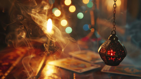 Candle light and fortune teller cards on a dark background.の素材