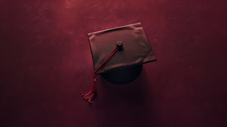Graduation cap on red background. Education concept. 3D Renderingの素材