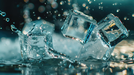 Ice cubes with water drops on dark background. Ice cubes in water.の素材