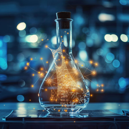 Laboratory glassware with glowing chemical elements. Science and chemistry concept. 3D Renderingの素材