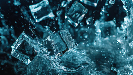 Ice cubes with water splashes on dark blue background, freeze motionの素材