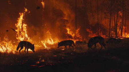 Wild boar in the forest during the fire. Wildlife scene.の素材