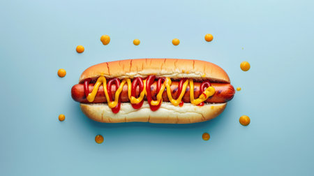 Hot dog with mustard and ketchup on blue background, top viewの素材