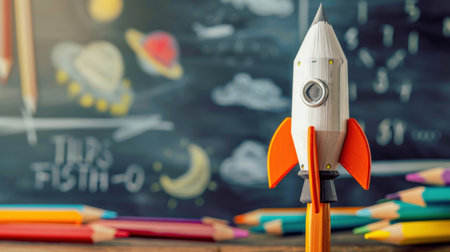 Rocket in front of a blackboard. Back to school concept.の素材