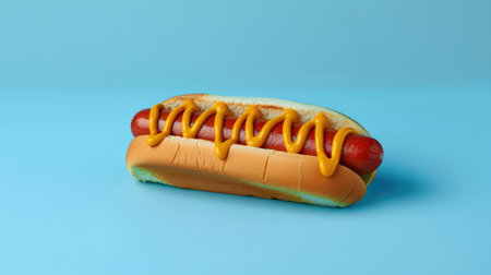 Hot dog with mustard on blue background. Fast food concept. Copy space.の素材