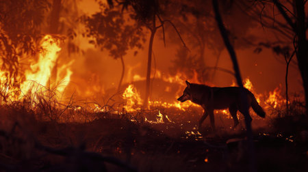 Wild wolf in the forest at night with a fire in the backgroundの素材