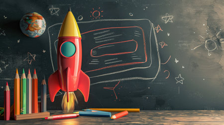 Back to school concept with rocket and school supplies on blackboard backgroundの素材