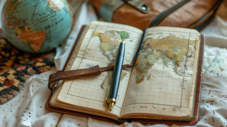 Open notebook with a fountain pen on the background of the map of the worldの素材